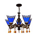 GobekUsa Retro Geometric Stained Glass Chandelier with Crystal Pendants - 5 Bulbs in Yellow/Blue for Bedroom