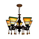 GobekUsa Retro Geometric Stained Glass Chandelier with Crystal Pendants - 5 Bulbs in Yellow/Blue for Bedroom