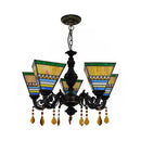 GobekUsa Retro Geometric Stained Glass Chandelier with Crystal Pendants - 5 Bulbs in Yellow/Blue for Bedroom