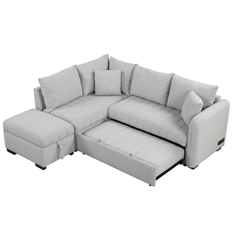 82.6" L-shaped Sectional Pull Out Sofa Bed Sleeper Sofa with Two USB Ports, Two Power Sockets and a Movable Storage Ottoman, Gray
