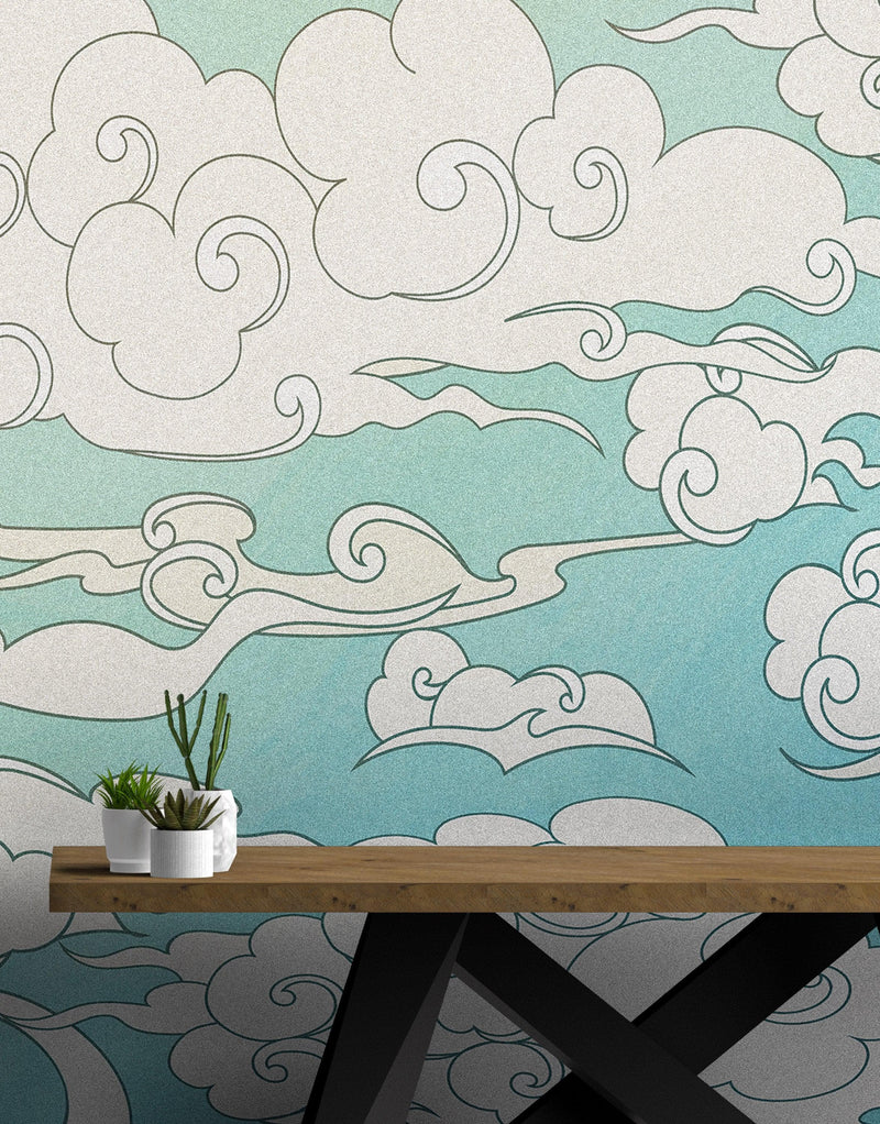 Japanese Traditional Curly Cloud in Sky Abstract Illustration Asian Decor Wall Mural. Peel and Stick Wallpaper.