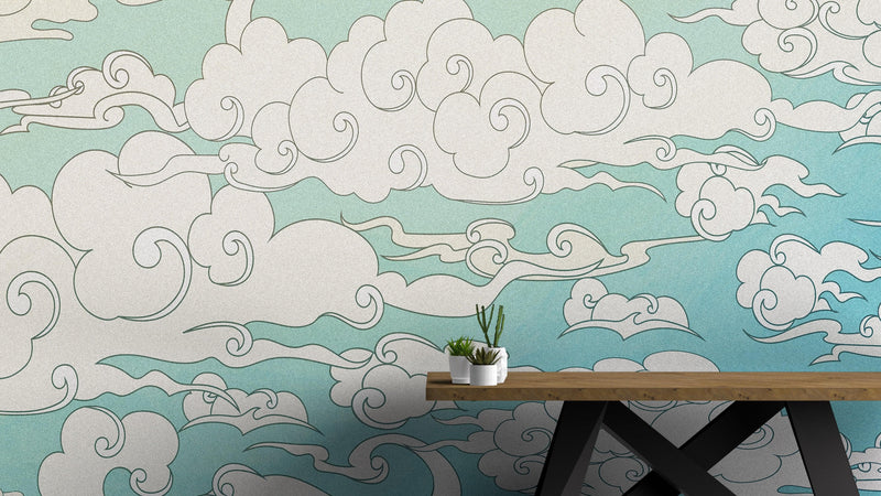 Japanese Traditional Curly Cloud in Sky Abstract Illustration Asian Decor Wall Mural. Peel and Stick Wallpaper.