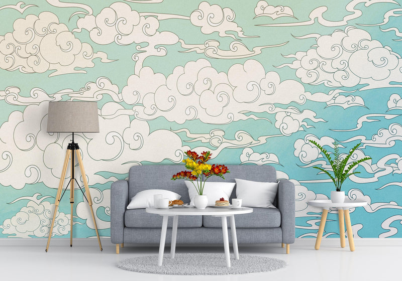 Japanese Traditional Curly Cloud in Sky Abstract Illustration Asian Decor Wall Mural. Peel and Stick Wallpaper.