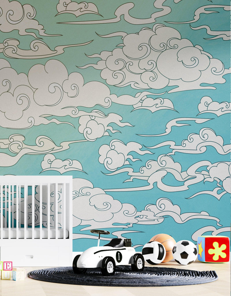 Japanese Traditional Curly Cloud in Sky Abstract Illustration Asian Decor Wall Mural. Peel and Stick Wallpaper.