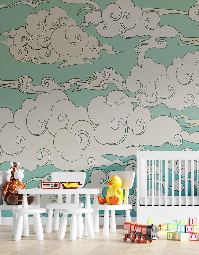 Japanese Traditional Curly Cloud in Sky Abstract Illustration Asian Decor Wall Mural. Peel and Stick Wallpaper.