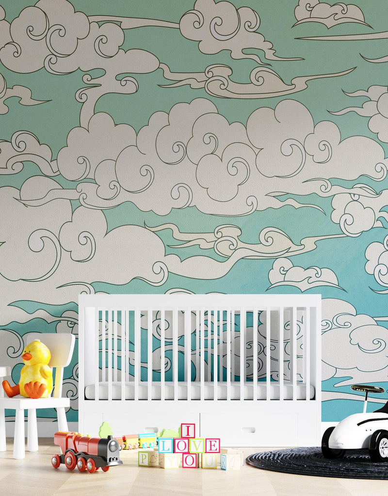 Japanese Traditional Curly Cloud in Sky Abstract Illustration Asian Decor Wall Mural. Peel and Stick Wallpaper.