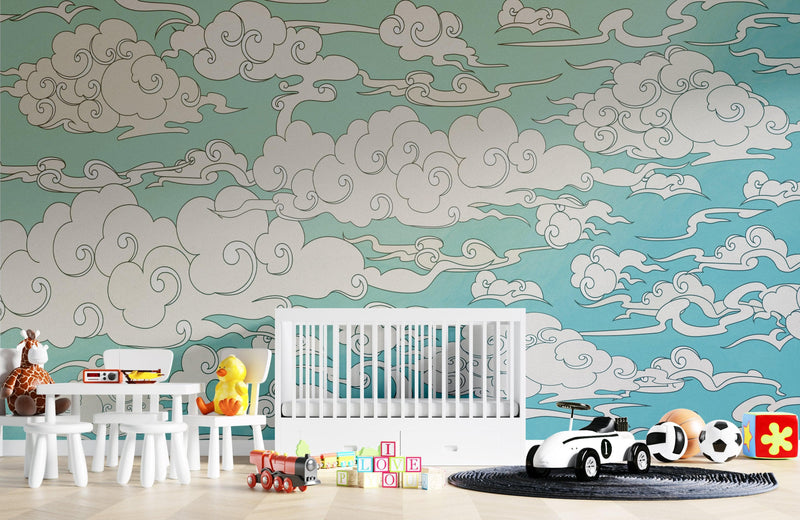 Japanese Traditional Curly Cloud in Sky Abstract Illustration Asian Decor Wall Mural. Peel and Stick Wallpaper.