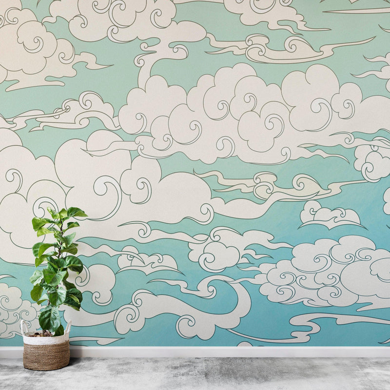 Japanese Traditional Curly Cloud in Sky Abstract Illustration Asian Decor Wall Mural. Peel and Stick Wallpaper.