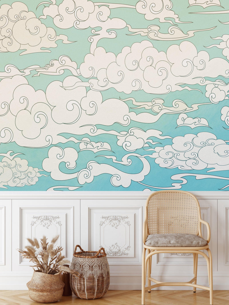 Japanese Traditional Curly Cloud in Sky Abstract Illustration Asian Decor Wall Mural. Peel and Stick Wallpaper.