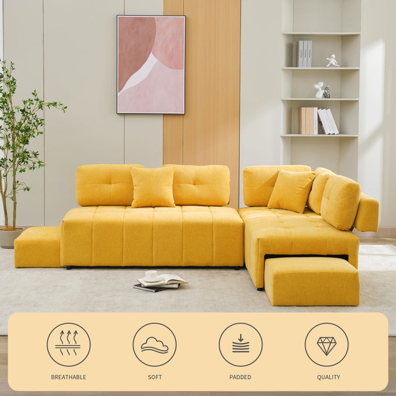 91.73" L-shaped Sofa Sectional Sofa Couch with 2 Stools and 2 Lumbar Pillows for Living Room, Yellow