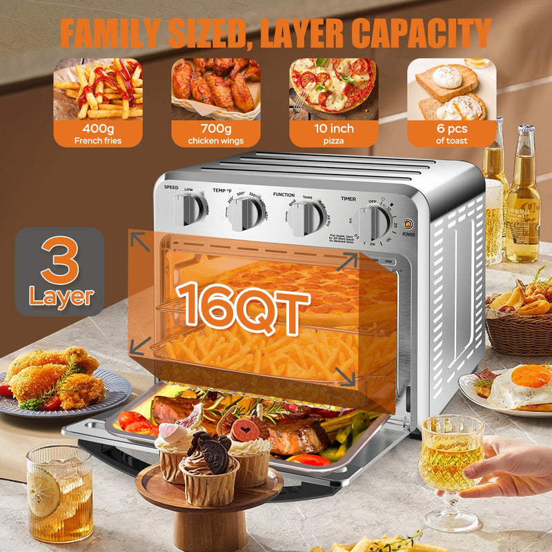 Geek Chef Air Fryer Toaster Oven Combo, 4 Slice Toaster Convection Air Fryer Oven Warm, Broil, Toast, Bake, Air Fry, Oil-Free, Accessories Included, Stainless Steel, Silver (16QT Air Fryer Oven)