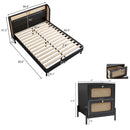 3 Pieces Modern Cannage Rattan Platform Queen Bed + Nightstandx2, Black