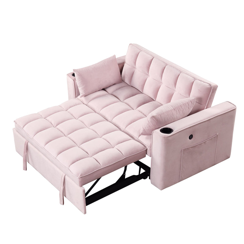 55.3" 4-1 Multi-functional Sofa Bed with Cup Holder and USB Port for Living Room or Apartments Pink