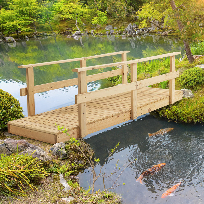 7' Wooden Garden Bridge with Safety Rails, Backyard Footbridge for Ponds, Creeks, Streams, Natural