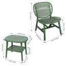 3 Pieces Hollow Design Retro Patio Table Chair Set All Weather Conversation Bistro Set Outdoor Table with Open Shelf and Lounge Chairs with Widened Seat for Balcony Garden Yard Green