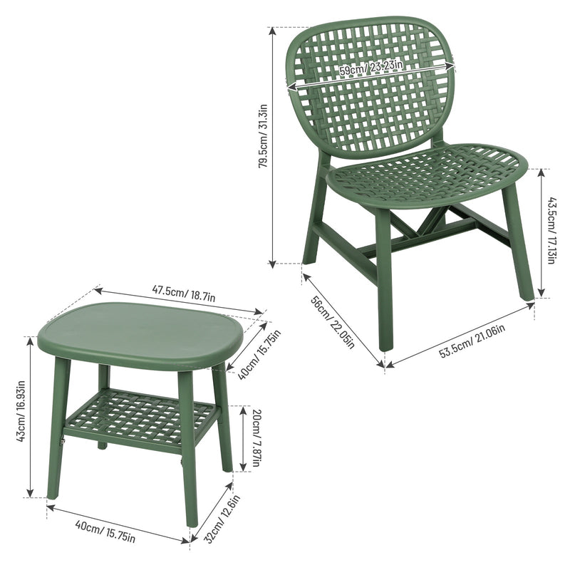 3 Pieces Hollow Design Retro Patio Table Chair Set All Weather Conversation Bistro Set Outdoor Table with Open Shelf and Lounge Chairs with Widened Seat for Balcony Garden Yard Green