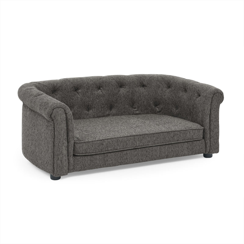 Contemporary Dark Grey Pet Sofa with Arc-Shaped Backrest and Armrests, Breathable Linen and Cozy Soft Cushion for Dogs