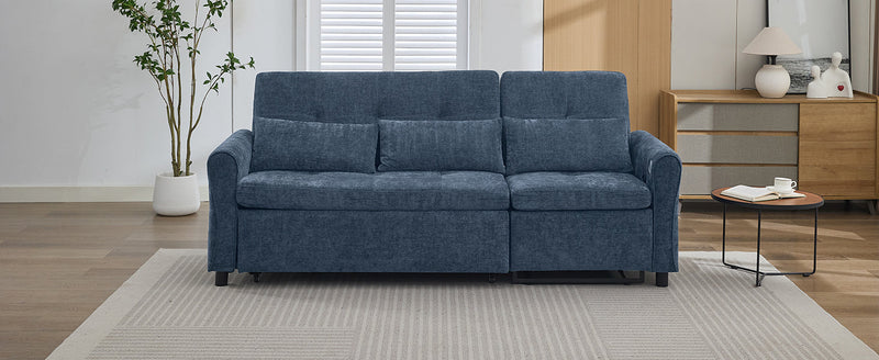 2-in-1 Sofa 82' Three-seater Sofa with Sofa Bed and Reversible Recliner, Blue Chenille