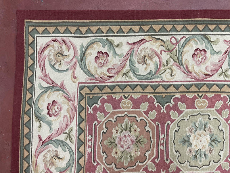 9x9 Square Rug Hand Knotted, Needlepoint Aubusson Carpet, Blush Red, Beige, Green, New, Mint Condition Area Rug, English European Design
