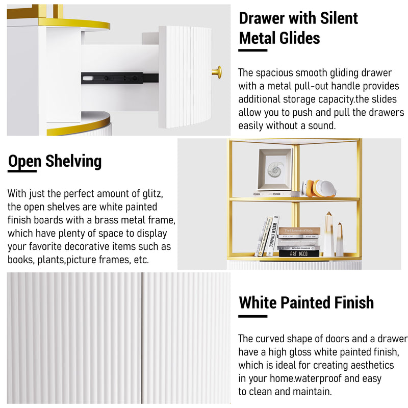 74.8" Tall Modern Corner Bookshelf,Fan-Shaped bookcase with 1 Drawer and 2 Doors, Wooden Standing Corner Shelf with Gold Metal Frame for Living Room,Home Office,White