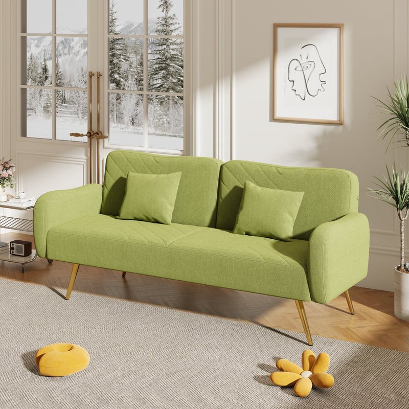 70.47" Green Fabric Double Sofa with Split Backrest and Two Throw Pillows,Suitable for living room, apartment, home office