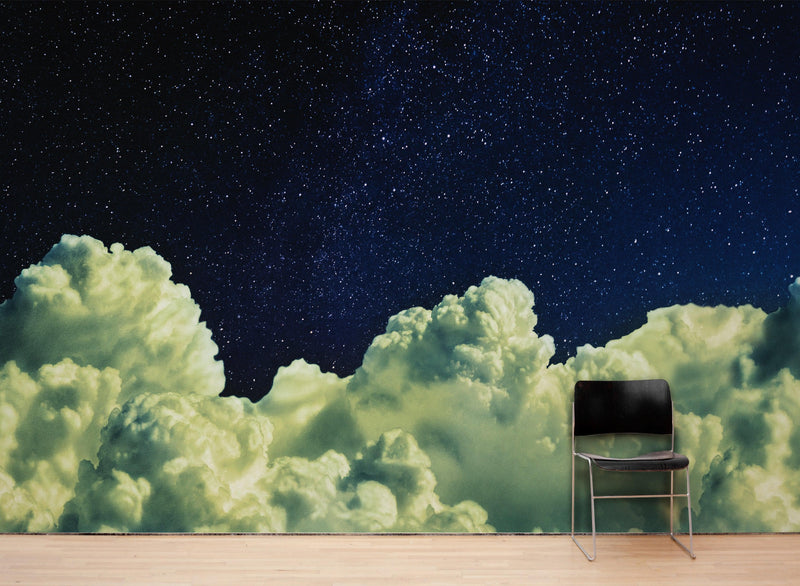 Dreamy Cloudy Night Among the Stars Wall Mural. Abstract Night Sky, Stars and Clouds. Peel and Stick Wallpaper.