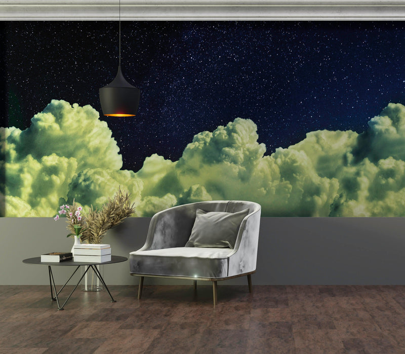 Dreamy Cloudy Night Among the Stars Wall Mural. Abstract Night Sky, Stars and Clouds. Peel and Stick Wallpaper.