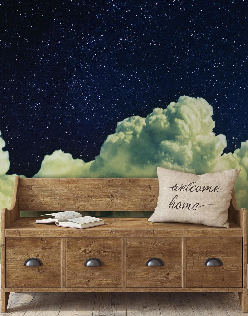 Dreamy Cloudy Night Among the Stars Wall Mural. Abstract Night Sky, Stars and Clouds. Peel and Stick Wallpaper.