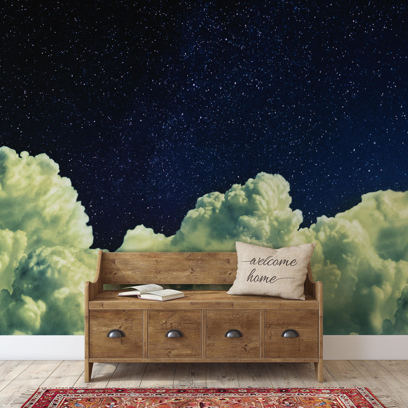 Dreamy Cloudy Night Among the Stars Wall Mural. Abstract Night Sky, Stars and Clouds. Peel and Stick Wallpaper.