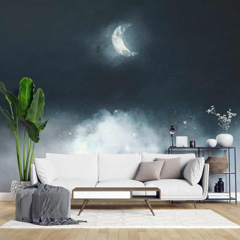 Crescent Moon Shining Over Misty Clouds Wall Mural. Peel and Stick Wallpaper.