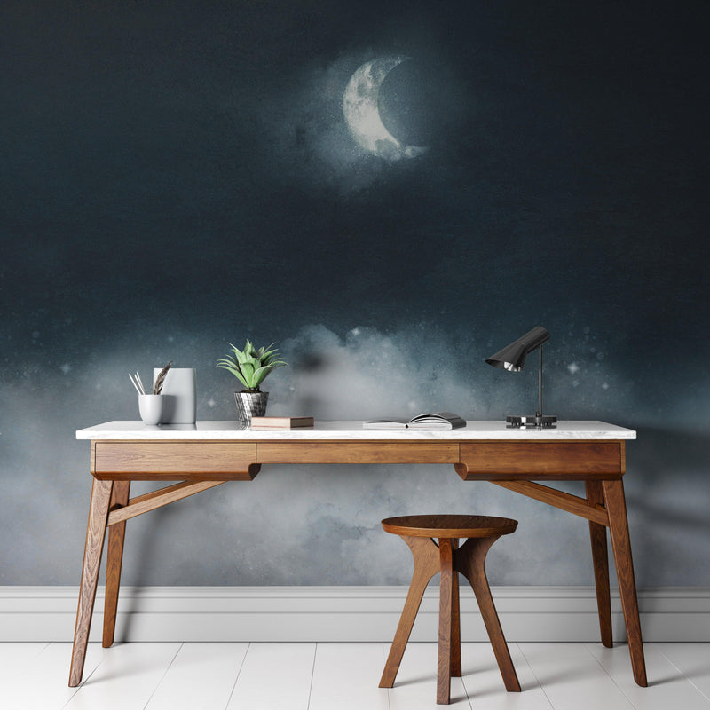 Crescent Moon Shining Over Misty Clouds Wall Mural. Peel and Stick Wallpaper.