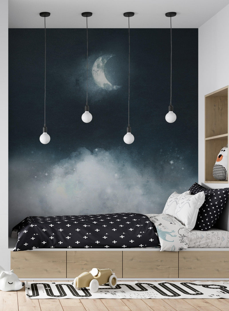 Crescent Moon Shining Over Misty Clouds Wall Mural. Peel and Stick Wallpaper.