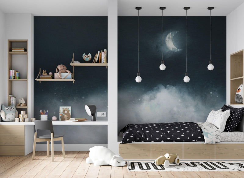 Crescent Moon Shining Over Misty Clouds Wall Mural. Peel and Stick Wallpaper.