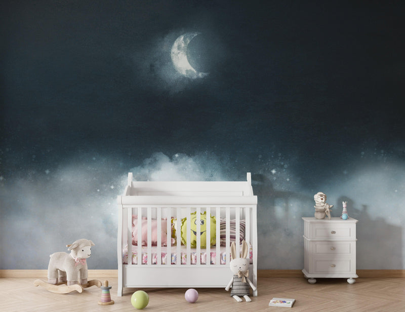 Crescent Moon Shining Over Misty Clouds Wall Mural. Peel and Stick Wallpaper.