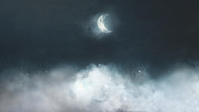 Crescent Moon Shining Over Misty Clouds Wall Mural. Peel and Stick Wallpaper.