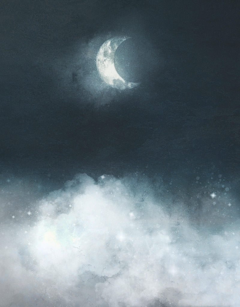 Crescent Moon Shining Over Misty Clouds Wall Mural. Peel and Stick Wallpaper.