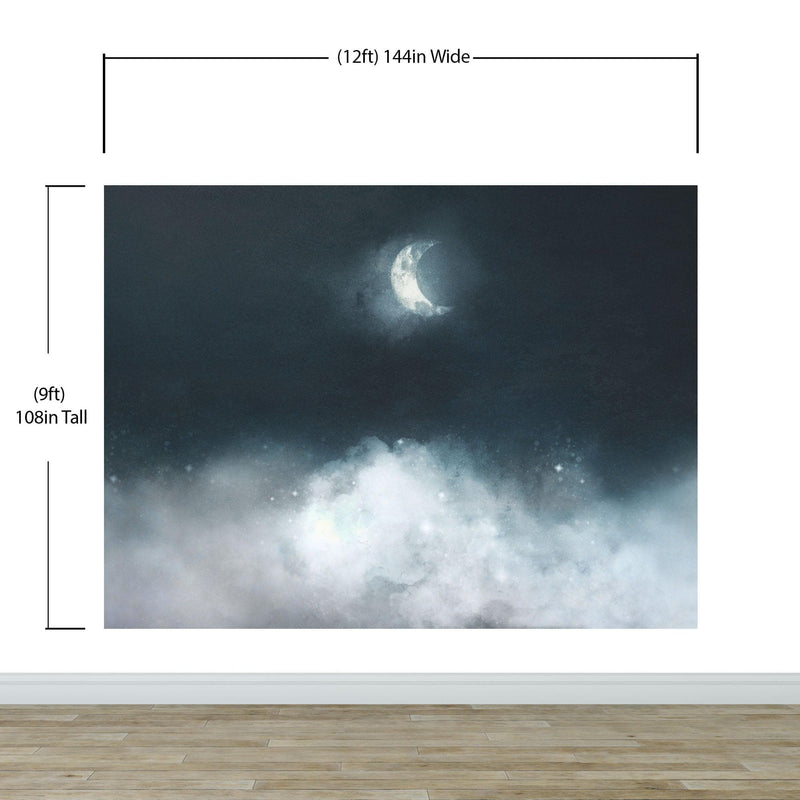 Crescent Moon Shining Over Misty Clouds Wall Mural. Peel and Stick Wallpaper.