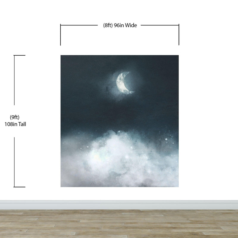 Crescent Moon Shining Over Misty Clouds Wall Mural. Peel and Stick Wallpaper.