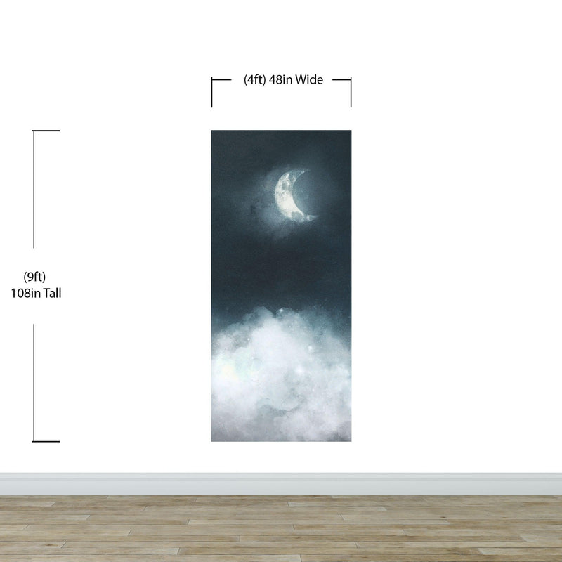 Crescent Moon Shining Over Misty Clouds Wall Mural. Peel and Stick Wallpaper.