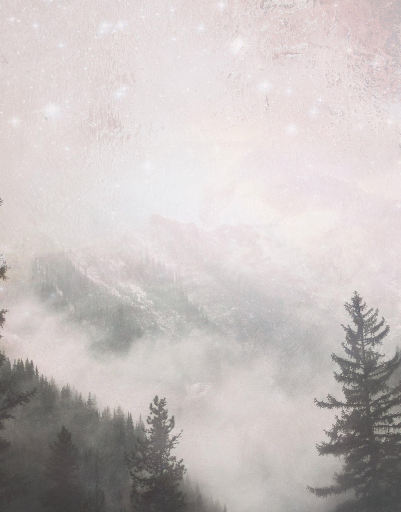 Foggy Misty Forest Trees Over Mountain Under a Starry Night Wall Mural.