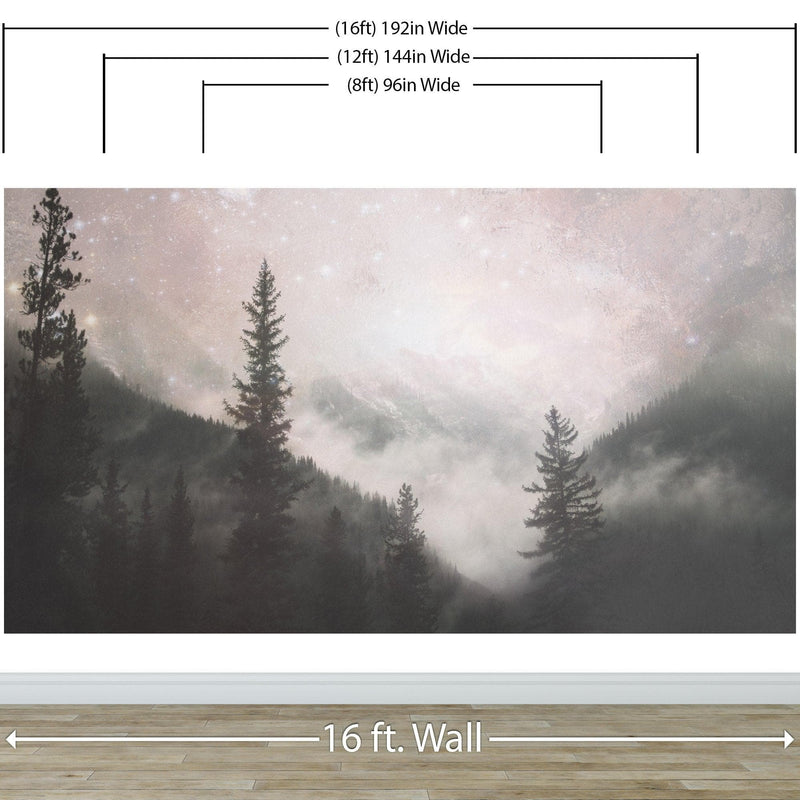 Foggy Misty Forest Trees Over Mountain Under a Starry Night Wall Mural.