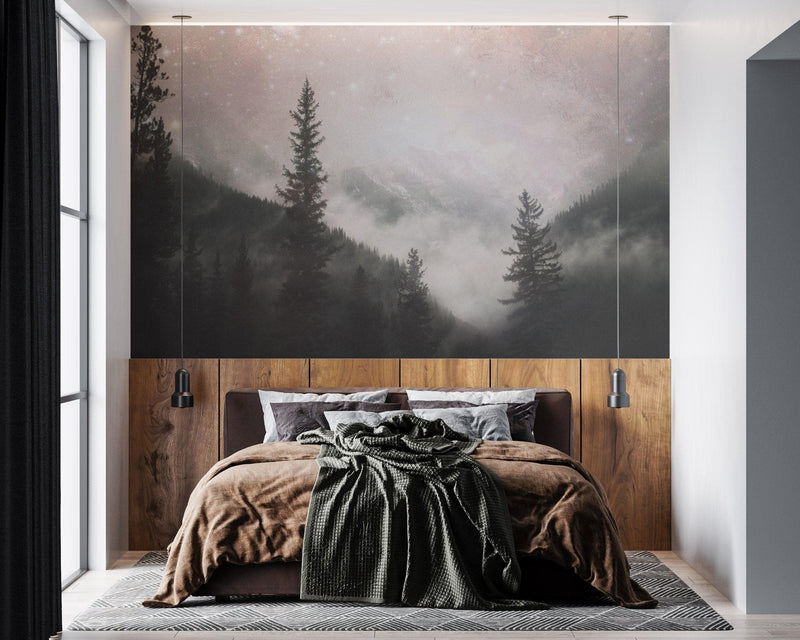 Foggy Misty Forest Trees Over Mountain Under a Starry Night Wall Mural.