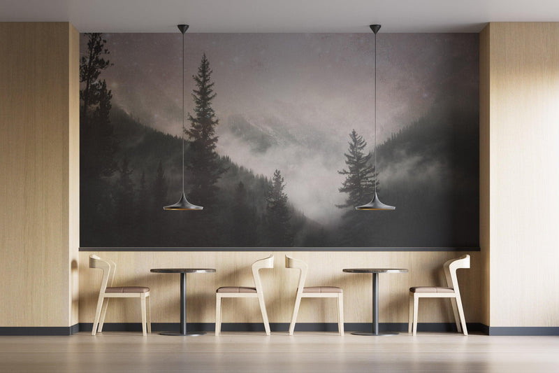 Foggy Misty Forest Trees Over Mountain Under a Starry Night Wall Mural.