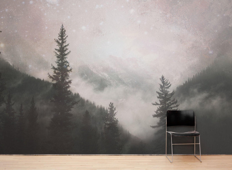 Foggy Misty Forest Trees Over Mountain Under a Starry Night Wall Mural.