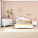 3-Pieces Bedroom Sets Full Size Platform Bed with Nightstand and Storage dresser,White+Pink