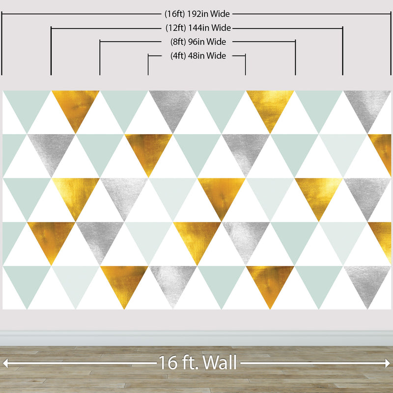 Triangle Geometric Abstract Pattern Wall Mural. Gold, Silver, Teal, Turquoise and White Color Pattern.