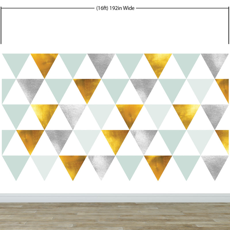 Triangle Geometric Abstract Pattern Wall Mural. Gold, Silver, Teal, Turquoise and White Color Pattern.