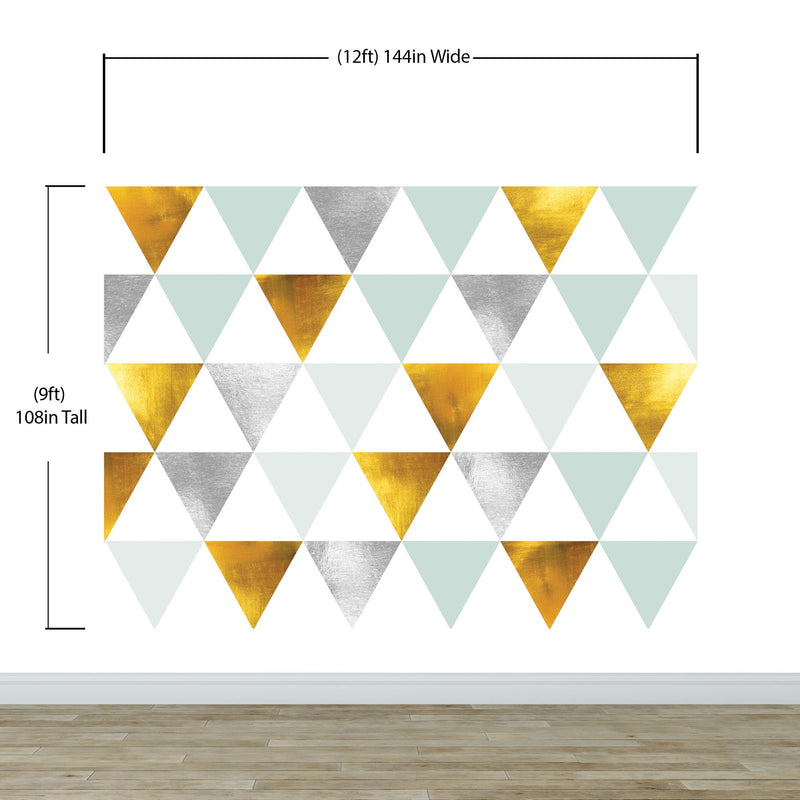 Triangle Geometric Abstract Pattern Wall Mural. Gold, Silver, Teal, Turquoise and White Color Pattern.