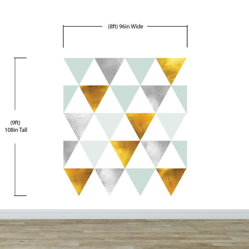 Triangle Geometric Abstract Pattern Wall Mural. Gold, Silver, Teal, Turquoise and White Color Pattern.