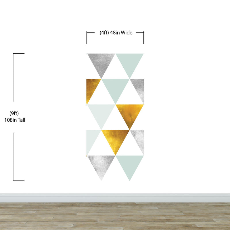 Triangle Geometric Abstract Pattern Wall Mural. Gold, Silver, Teal, Turquoise and White Color Pattern.